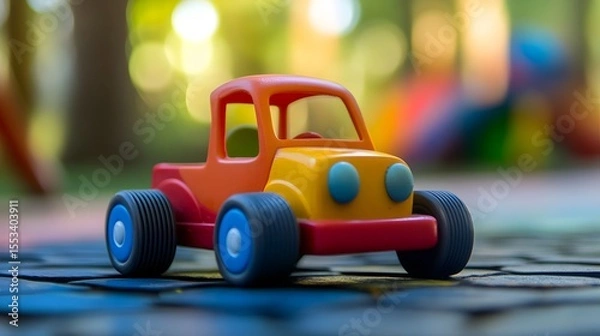 Fototapeta Toy vehicle car model automobile for children play fun and recreation in outdoor park playground area