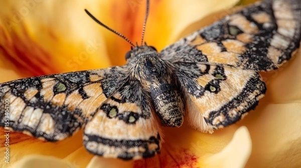 Fototapeta Close up of a beautiful painted lady butterfly resting on a vibrant yellow flower in a garden setting