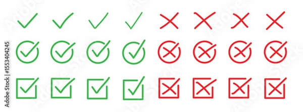 Obraz Check tick mark icon set. Cross box x check mark  v list vector hand drawn sketch doodle marker. Checklist symbol wrong, right circle and rectangle. Vector Illustration.