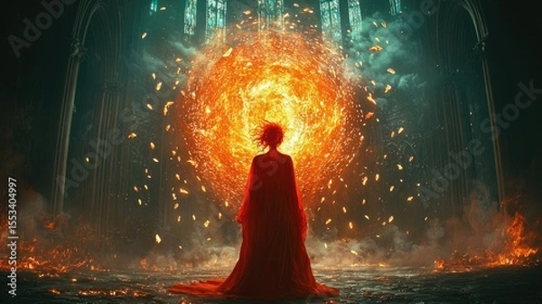 Obraz A figure in a crimson robe stands before a fiery portal.