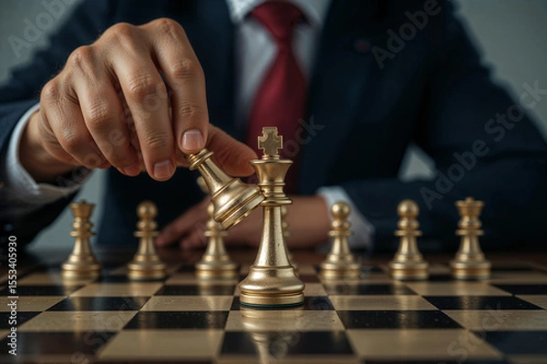 Obraz A person playing chess, moving a golden king piece over a silver king piece, symbolizing a strategic move