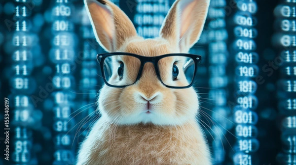 Obraz A futuristic rabbit wearing glasses, set against a backdrop of glowing digital numbers
