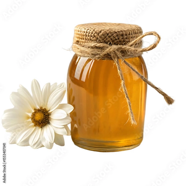 Fototapeta Glass jar filled with golden honey and tied with twine next to a white flower and peppercorns