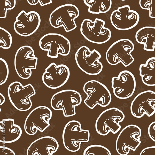 Fototapeta Earthy Delights Mushroom Magic Pattern in Brown. Perfect for culinary or nature-themed projects, versatile backdrop for fabric, wrapping paper, or home decor.