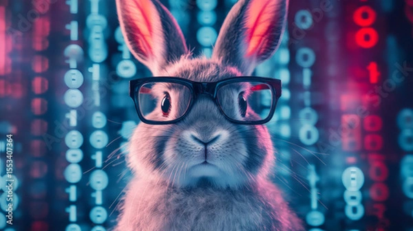 Obraz A futuristic rabbit wearing glasses, set against a backdrop of glowing digital numbers