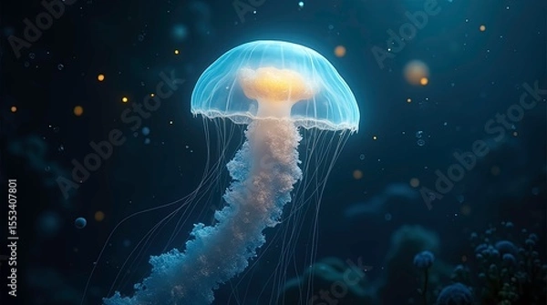 Fototapeta Ethereal bioluminescent jellyfish drifting in the deep blue ocean