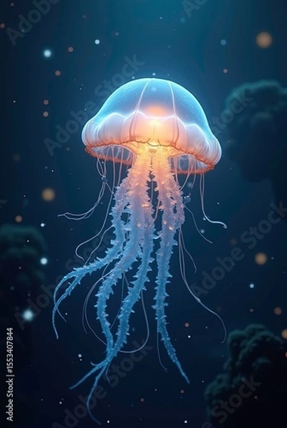 Fototapeta Ethereal bioluminescent jellyfish drifting in the deep blue ocean