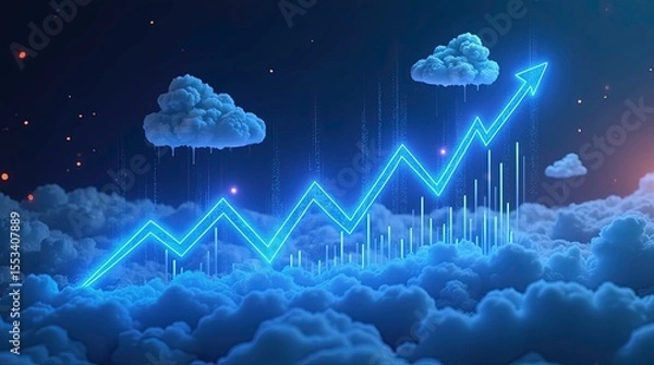 Fototapeta Blue screen with a line graph on clouds. Futuristic concept. 3d rendering Graphics. AI Technology, Business Evaluation