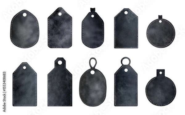 Obraz Set of black clothing and bag tags, imitation suede material. Collection of empty watercolor labels of different shapes. Isolated clipart with clear even edge on transparent background