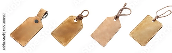 Obraz Rectangular clothing and bag tags, top view angle with focus blur. Set of empty beige leather labels with holder. Isolated clipart with clear even edge on transparent background