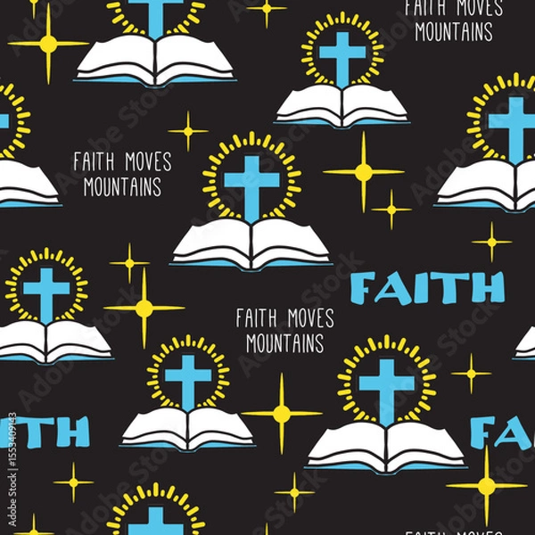 Fototapeta Christian Symbol Holy Bible and Glow Cross Pattern. This seamless design is ideal for use in digital and print media, including textiles, wallpapers, and stationery.