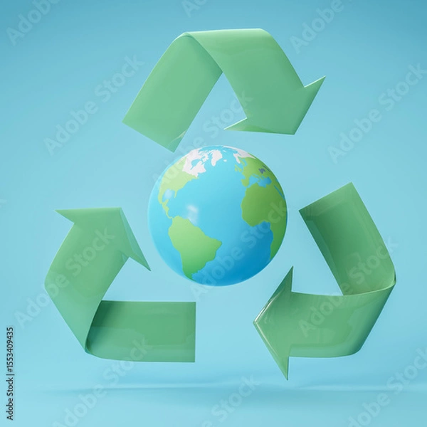 Fototapeta 3D render of Earth encircled by a green recycle symbol on a blue background, symbolizing environmental protection, sustainability, and eco-friendly global efforts.