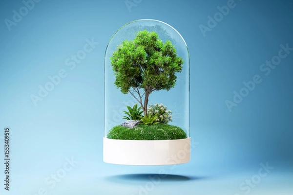 Fototapeta 3D render of a miniature ecosystem terrarium inside a glass dome, featuring lush greenery and a tree, symbolizing sustainability, ecology, and natural balance.