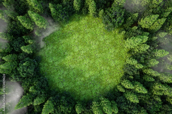 Fototapeta 3D render of a lush forest with a circular green clearing viewed from above, surrounded by misty trees, conveying tranquility, mystery, and natural harmony.