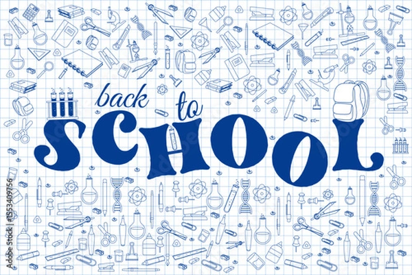 Fototapeta Vector illustration with the text "Back to school" written in bold blue letters, surrounded by various school supplies such as books, pencils and rulers on a white background.