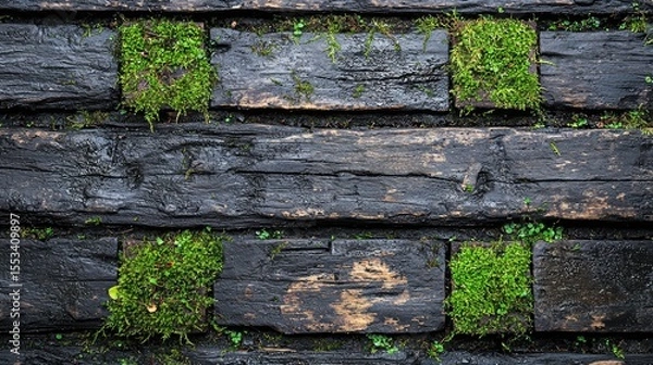 Obraz Dark wooden planks with patches of moss.