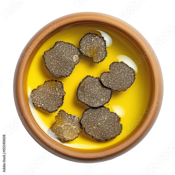 Fototapeta Black truffle slices in olive oil top view in wooden bowl, gourmet ingredient on transparent background, isolated for culinary design and commercial use