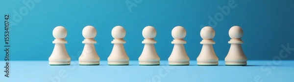 Obraz Close up portrait of white pawn chess piece standing out among blurred wooden chess pieces : Generative AI

