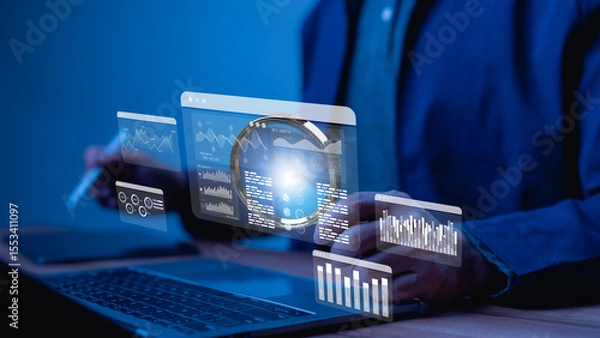 Fototapeta Futuristic Strategic Business Data Analysis Professional Leverages Cutting edge Technology Via Holographic Interface Vital Information Displayed Through Virtual Glass Enables Deep Analysis