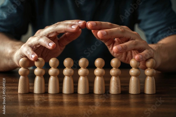 Obraz A pair of hands forming a protective shield over several wooden figurines lined up on a table