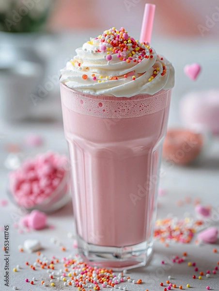 Obraz Pink milkshake with whipped cream and heart sprinkles in a tall glass

