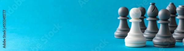 Obraz Close up portrait of white pawn chess piece standing out among blurred wooden chess pieces : Generative AI
