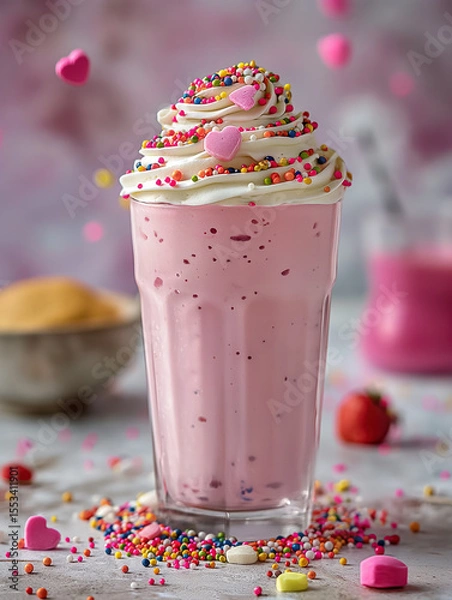 Obraz Pink milkshake with whipped cream and heart sprinkles in a tall glass

