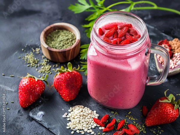 Obraz Healthy strawberry smoothie with goji berries, hemp seeds, and fresh herbs in mason jar on stone counter.

