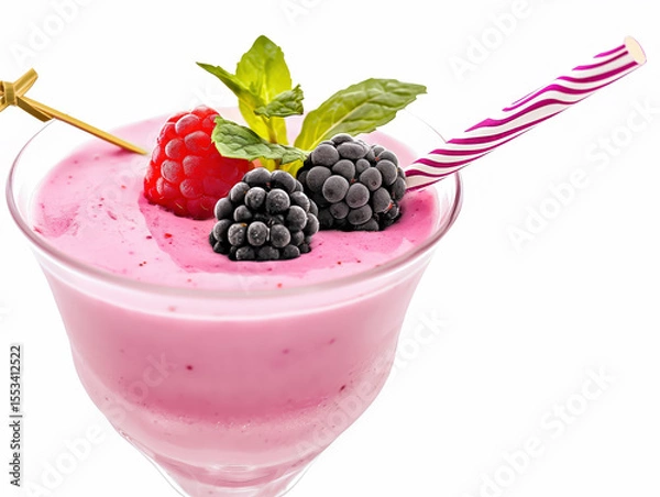 Obraz Pink Smoothie with Stripy Straw in Cocktail Glass on White Studio Background

