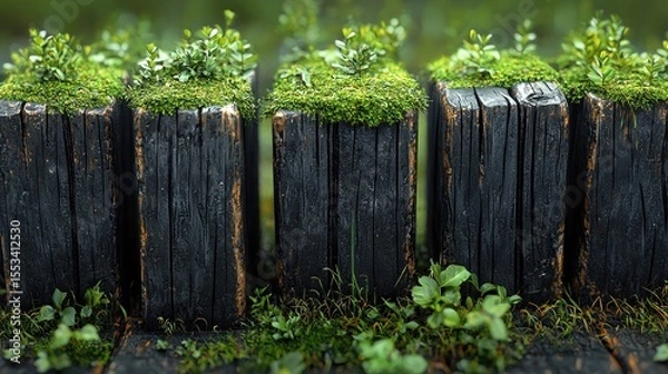 Obraz Dark wooden posts with greenery atop.