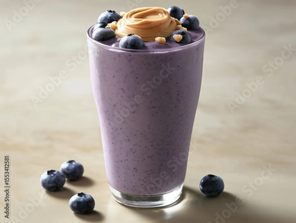 Obraz Creamy Blueberry Almond Smoothie in Clear Glass with Almond Butter and Berries

