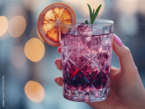 Obraz Woman’s Hand Holding Purple Cocktail with Orange Slice and Ice, Bokeh Background

