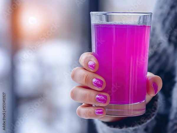 Obraz Woman’s Hand Holding Purple Cocktail with Orange Slice and Ice, Bokeh Background

