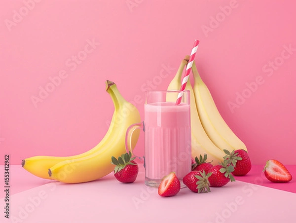 Obraz Fresh bananas, strawberries, and smoothie ingredients arranged beautifully with soft cinematic studio lighting on a neutral background.

