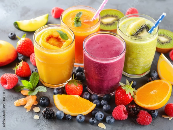 Obraz Glass of mixed berry fruit smoothie with fresh fruits on grey background