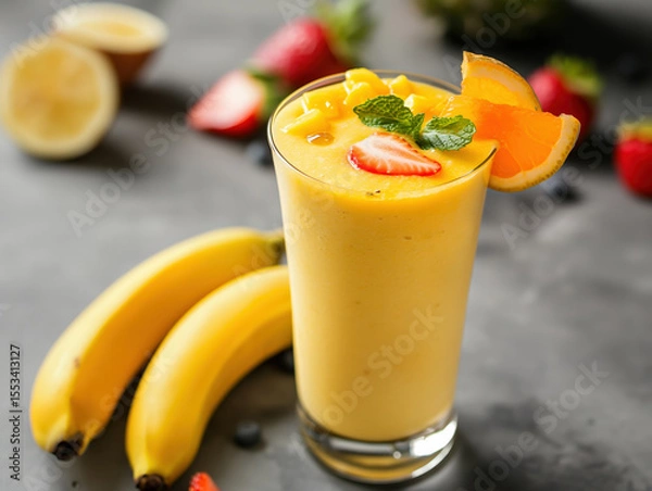 Obraz Glass of mixed berry fruit smoothie with fresh fruits on grey background