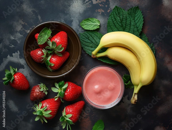 Obraz Fresh bananas, strawberries, and smoothie ingredients arranged beautifully with soft cinematic studio lighting on a neutral background.


