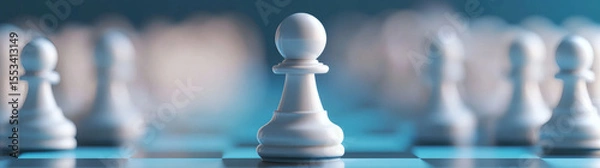 Obraz Close up portrait of white pawn chess piece standing out among blurred wooden chess pieces : Generative AI
