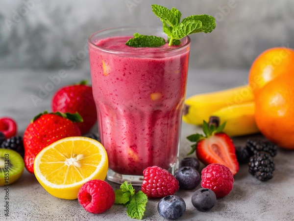 Obraz Glass of mixed berry fruit smoothie with fresh fruits on grey background