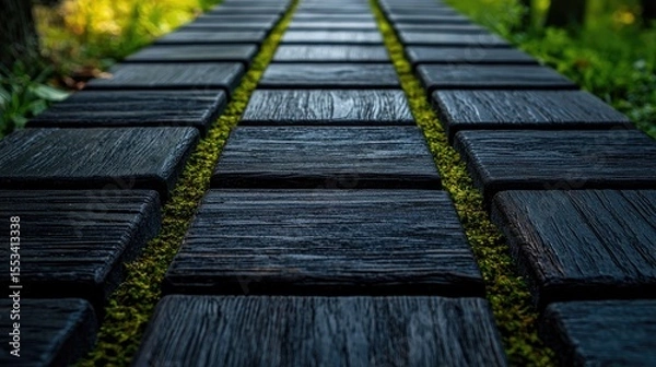 Obraz Dark paved walkway with moss between the tiles.