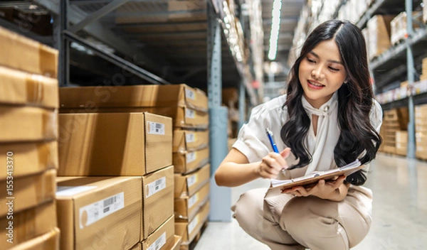 Obraz Focused on her task, young asian woman sitting and holding clipboard meticulously updates inventory records while surrounded by shelves filled with various products in a vibrant warehouse setting