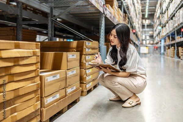 Obraz Focused on her task, young asian woman sitting and holding clipboard meticulously updates inventory records while surrounded by shelves filled with various products in a vibrant warehouse setting