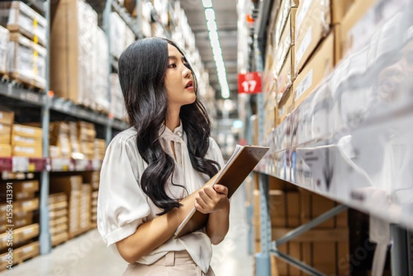 Obraz Focused on her task, a young woman holding clipboard meticulously updates inventory records while surrounded by shelves filled with various products in a vibrant warehouse setting