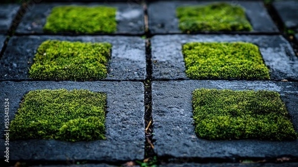 Obraz Green moss grows in square stone paving.
