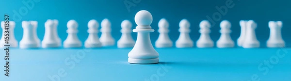 Obraz Close up portrait of white pawn chess piece standing out among blurred wooden chess pieces : Generative AI
