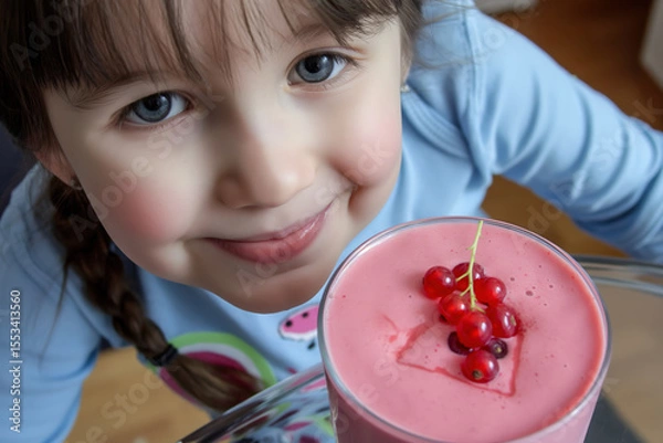 Obraz Cute little girl smiling with pink smoothie topped with fresh red currants


