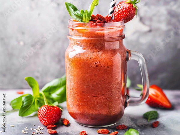 Obraz Healthy strawberry smoothie with goji berries, hemp seeds, and fresh herbs in mason jar on stone counter.

