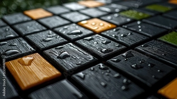 Fototapeta Close-up view of wet, square tiles with contrasting colors.