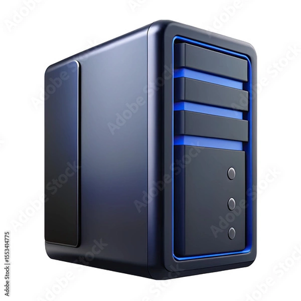 Fototapeta PC Computer Case Design Isolated on Transparent Background with 3 Buttons and Blue Light