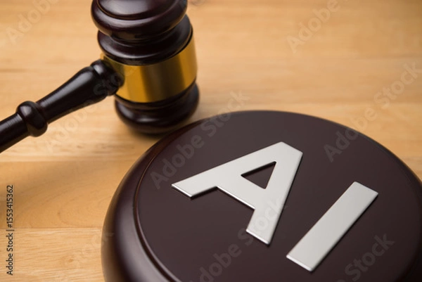 Fototapeta AI artificial intelligence alphabet and hammer judge gavel on wooden table background. Artificial intelligence AI law, regulation, act concept.